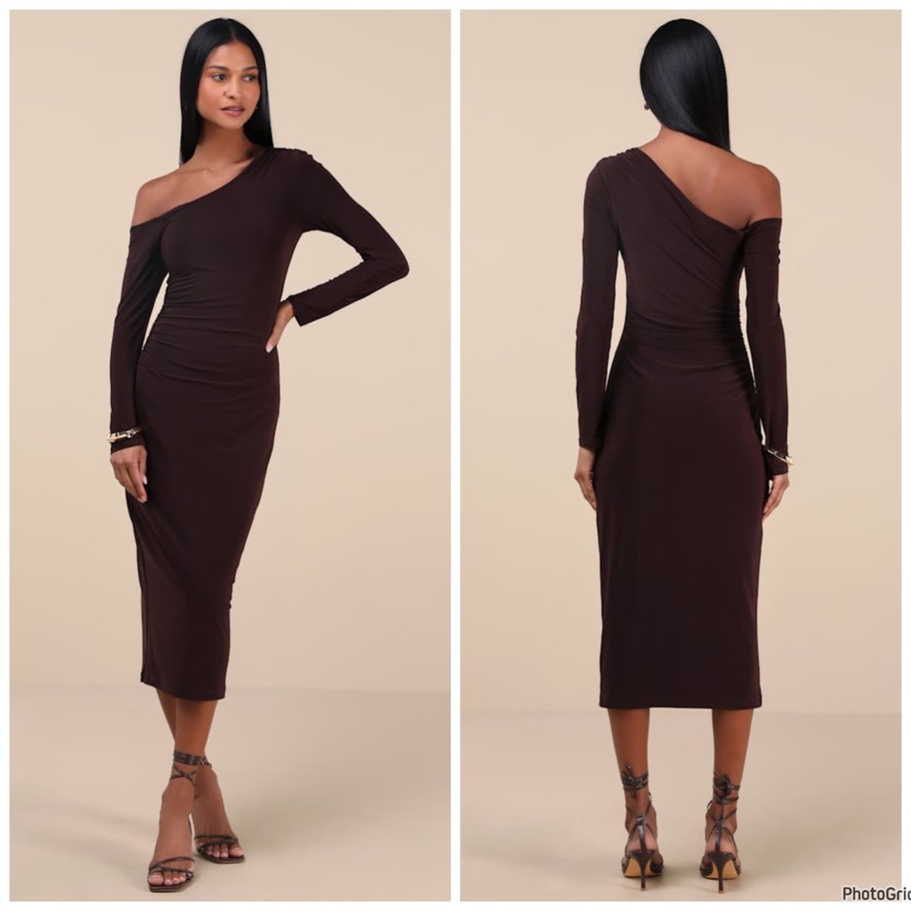 NWOT Lulu’s Vanell Brown Asymmetrical Ruched‎ Midi Dress $59 Medium